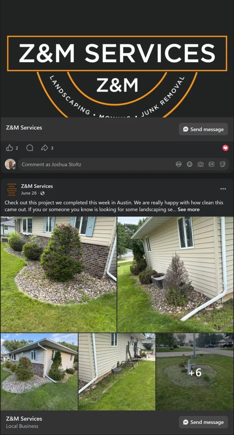 Z&M Services Facebook page with logo and project photo posts