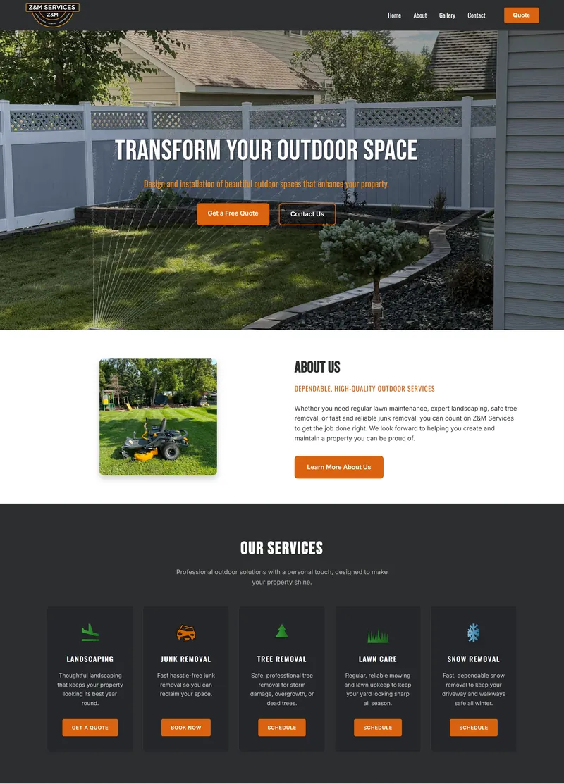 Full-page screenshot of the Z&M Services website
